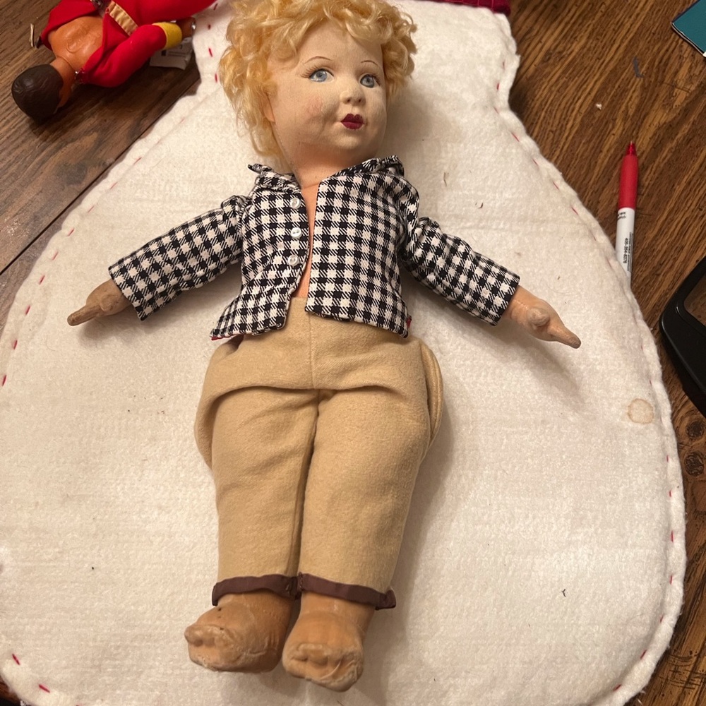 Cream Plush Doll with Checkered Shirt and Tan Pants